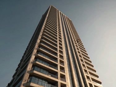 Cinematic wide-angle render of a luxury residential tower in Dubai, dramatic low-angle sun casting deep shadows, realistic concrete and glass textures