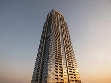 Cinematic rendering of a luxury residential tower rising into the Dubai sunset sky, sharp glass reflections