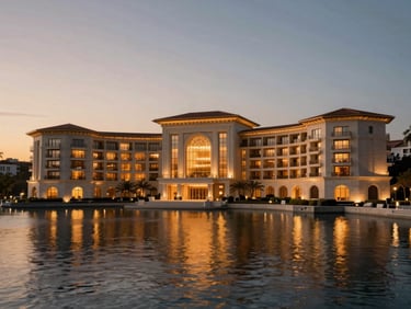 Wide-angle render of a luxury waterfront resort at dusk, warm interior lights casting reflections on calm water