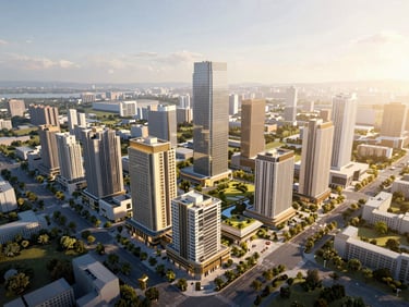 High-altitude aerial render of a modern urban masterplan, crisp daylight, detailed landscaping and infrastructure