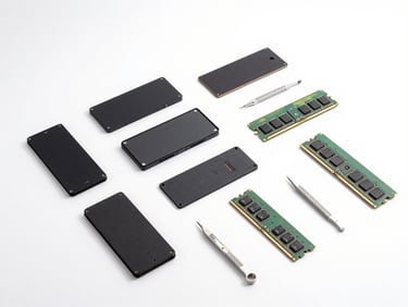 Flat-lay arrangement of various SSDs and RAM modules on a clean white background, precision tools beside them, bright studio light.