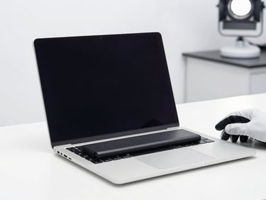 Clean product shot of a new laptop screen and battery on a white surface, with a technician's gloved hand nearby, bright studio light.