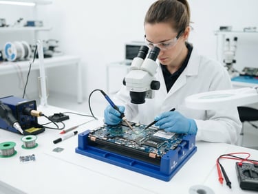 Professional technician working on a laptop motherboard with precision tools in a clean, well-lit lab, bright studio light, sharp focus, 50mm