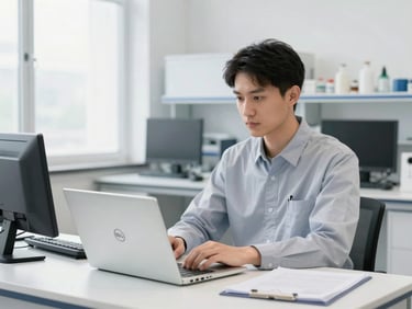 Professional technician in a clean corporate office environment, working on a Dell laptop, bright studio lighting, organized desk.