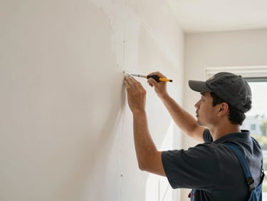 Close-up of a professional technician in branded attire carefully painting a clean drywall seam, bright natural daylight, crisp details