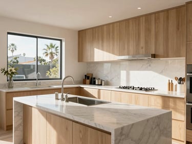 Bright modern kitchen with marble countertops, light wood cabinets, sun-drenched, editorial photography.