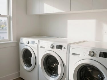 Bright modern residential laundry room with clean white appliances and polished chrome fixtures, soft morning light, architectural detail