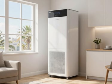 Clean modern utility room with high-end air filtration equipment, bright daylight, immaculate and organized