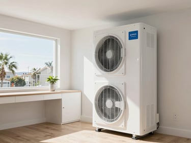A clean modern utility room with high-end HVAC equipment, bright and organized, 35mm.