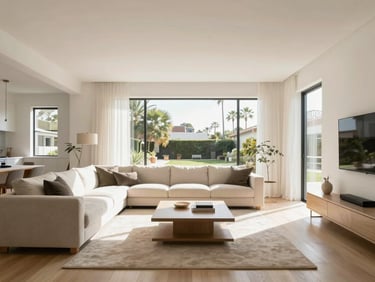 Wide-angle architectural shot of a newly remodeled bright Southern California living room, minimalist design, sun-drenched