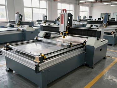 Wide shot of a state-of-the-art office furniture assembly floor with precision CNC machinery, steel frames, and organized components under bright daylight.