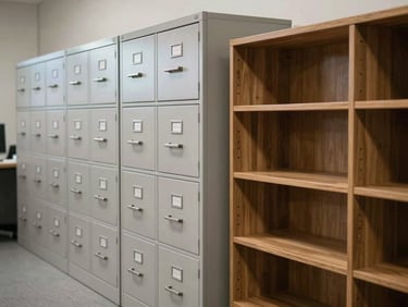 Row of heavy-duty lateral metal filing cabinets and modular wooden credenzas in a clean office archive.