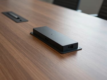 Large solid-surface boardroom conference table with flush-mount pop-up AV connectivity boxes.
