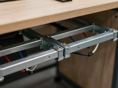 Close-up of modular workstation steel joints and integrated under-desk wire management channels.