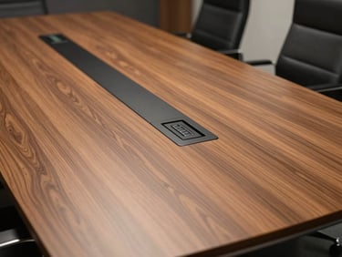 A large executive conference table in a modern boardroom, polished wood veneer, integrated AV ports.