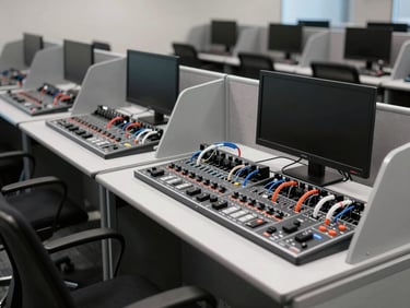 Linear modular workstations with privacy screens, neat integrated cable trays, modern corporate layout.
