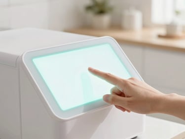 A hand gently touching a luminous, clean digital display screen on a sleek white appliance, soft focus, bright airy kitchen background