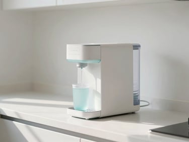 A minimalist kitchen counter with a sleek water ionizer machine, soft morning sunlight reflecting off clean surfaces, peaceful atmosphere