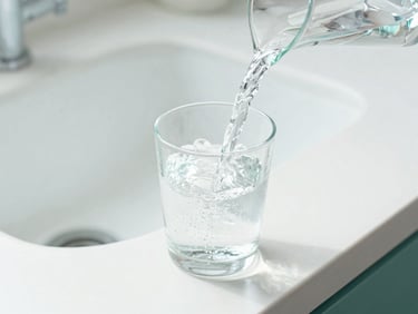 A stream of pristine, crystal-clear water pouring into an elegant glass on a minimalist white countertop, bright daylight, soft aqua accents, shallow depth of field