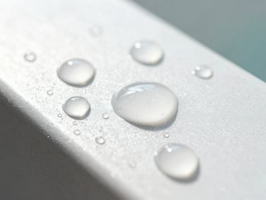 Close-up macro shot of pristine water droplets on a highly polished, clean metallic surface, bright daylight, shallow depth of field
