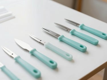 A clean, minimalist workshop table in Japan, soft morning light, precise tools laid out neatly on a white surface with a focus on craftsmanship