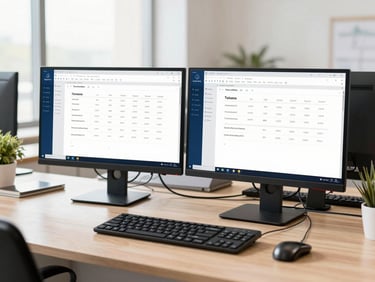 Bright modern office workspace in Gurugram, dual monitors showing corporate tax software, clean desk, natural light, 35mm lens