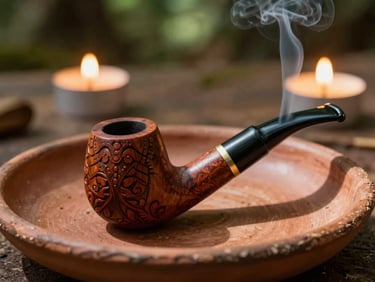 Close-up of a carved wooden smoking pipe (cachimbo) with a thin trail of smoke, resting on a rustic clay plate, warm candle light, 35mm