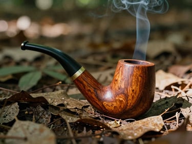 A rustic hand-carved wooden pipe resting on dry leaves, a thin wisp of smoke rising, warm penumbra lighting.