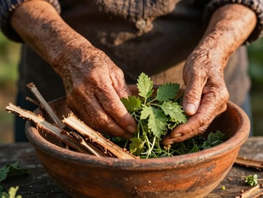 Hands of an elderly woman holding fresh green herbs and dry barks over a rustic clay bowl, warm golden hour light, 35mm photography