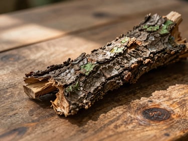 Close-up of dried dark tree bark resting on a rustic wooden table, soft side light, warm earthy tones.