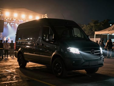Sleek black sprinter van parked backstage at a concert venue at night, dramatic amber stage lighting flare from the background, low-key cinematic photography