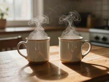 Two worn ceramic mugs sitting on a sunlit kitchen table, steam rising gently, soft shadows, warm editorial photography