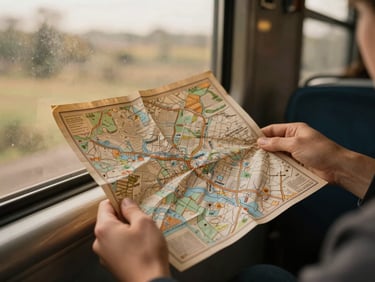 A hand holding a creased, vintage paper map inside a dimly lit train carriage, window light, shallow depth of field