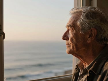 A weathered portrait of an elderly man looking out at a misty ocean, soft golden-hour window light, rich desaturated tones