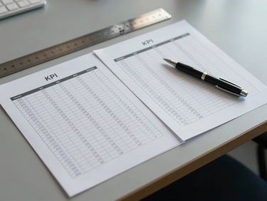 Overhead shot of a meeting table with printed KPI tracking sheets, a ruler, and a pen resting beside columns of figures, cool neutral office light, no people visible