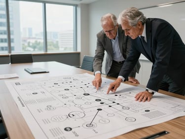 Wide conference room interior, Angola, overhead angle — large printed process map spread across a meeting table, two senior professionals leaning over it mid-discussion, hands pointing at diagram nodes, daylight from tall office windows, cool neutral indoor lighting, documents and marker pens visible on surface