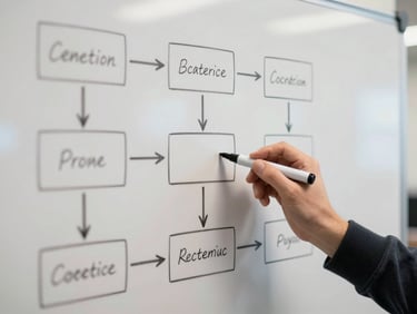 Medium-distance shot of a whiteboard covered in process flow boxes and arrows mid-sketch, a hand holding a marker paused at a decision node, neutral indoor office lighting, no faces