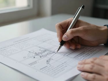 Close detail of hands holding a pen over a printed process map spread on a desk, with handwritten notes in the margins, cool daylight from a nearby window, no faces visible