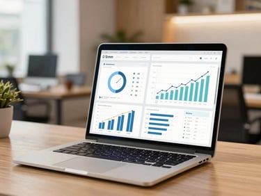 A laptop screen showing professional analytics dashboards and growth charts, warm office environment, sharp focus, 35mm lens