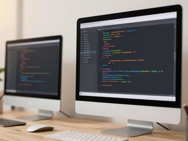 A close-up of clean code on a modern monitor, soft warm lighting, professional workspace, 35mm lens
