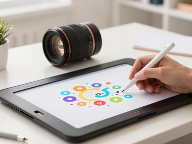 A digital drawing tablet with a stylus resting on a colorful vector design interface, bright studio lighting, 35mm lens