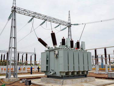 Ground-level view of a high-voltage substation nearing completion, transformer banks installed, cable trays running between steel structures, workers in hard hats visible mid-frame, flat overcast daylight