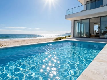 Bright architectural photography of a modern beach house pool with sparkling clear water, sunny coastal daylight, rich blue tones