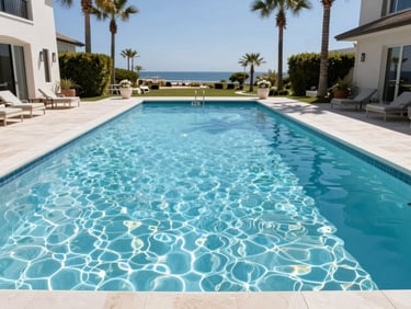 Wide-angle architectural shot of an elegant residential pool, pristine clean water, sunny daylight, palm trees in the background