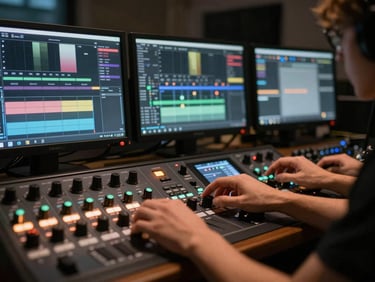 An active post-production suite with color grading monitors glowing in a dark room, close-up on hands adjusting a control surface under warm accent lighting.