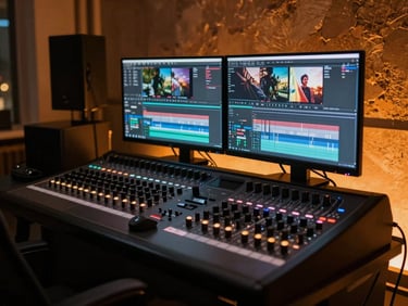 Cinematic wide angle shot of an active video editing suite at night, glowing dual monitors showing video timelines, warm orange backlighting reflecting on a professional mixing console, high-contrast shadows.
