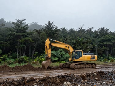 Heavy tracked excavator clearing dense coastal forest, misty overcast daylight, damp earth, wide-angle lens, 35mm
