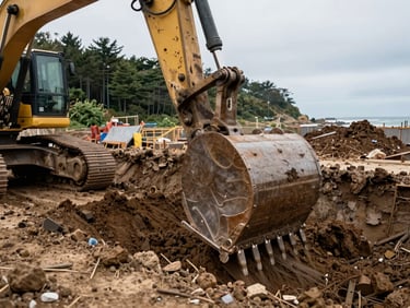 Detailed view of heavy machinery bucket digging a trench on a construction site, precise lines, damp earth, overcast daylight, wide-angle lens, 35mm