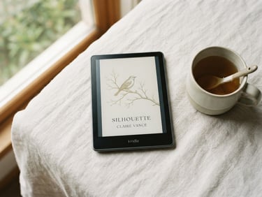 Minimalist literary flat-lay of a modern e-reader displaying an elegant serif book cover, resting on a textured linen sheet next to a ceramic cup, warm morning window light casting soft shadows, 35mm editorial photography.