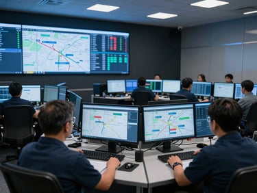 Wide shot of an active logistics command center, operators at dual-monitor workstations tracking live shipment data, cool blue LED ambient lighting, dark control room, screens displaying route maps and cargo status dashboards
